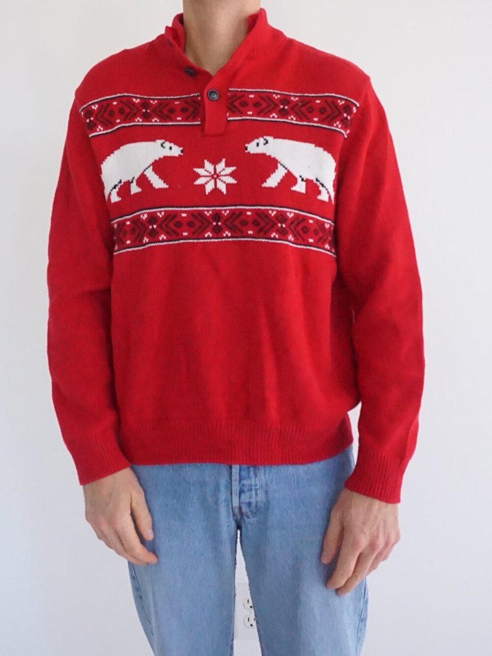 Chaps Red Polar Bears Snowflake Nordic Christmas Button Mock Neck Knit Sweater M